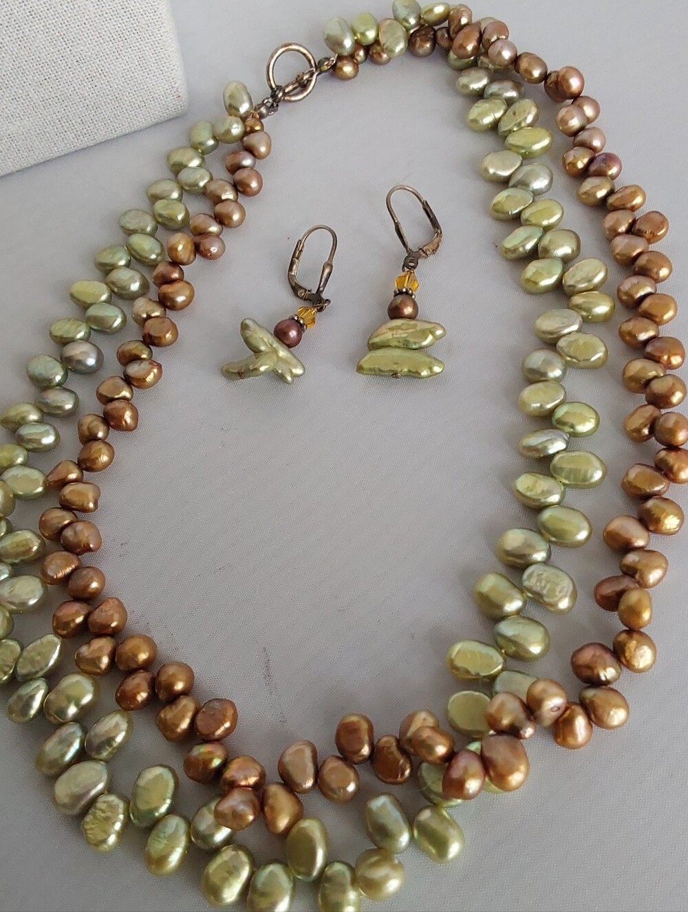 Green and Bronze Freshwater Pearl Necklace & Earrings Set
